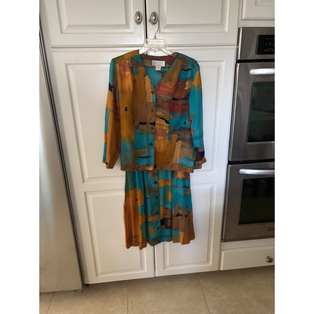 Petite Sophisticate Vintage 2 Piece Skirt Set Teal Abstract Rayon USA Made S